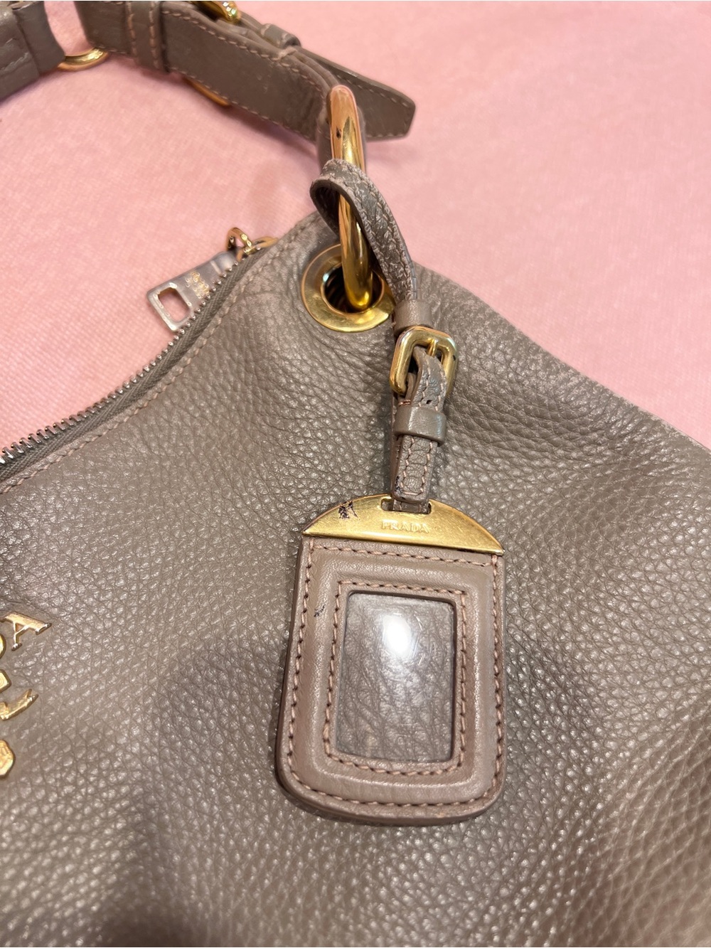 Prada🌟 Olive-Taupe Pebbled Leather Shoulder Bag with Gold Hardware - Picture 4 of 13